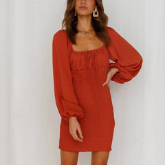 Sexy Square Collar Puff Long Sleeve Mini Dress Female Elegant Solid Color Straight Dresses Female Red Bodycon Dresses
