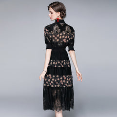 Temperament dress women's stand collar waist slim A-line midi skirt