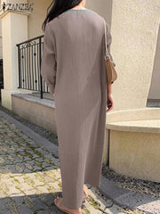 ZANZEA Elegant Long Dresses For Women Causal Loose Full Sleeve Spring Dress Female O Neck Solid Vestidos Work Robe Femme