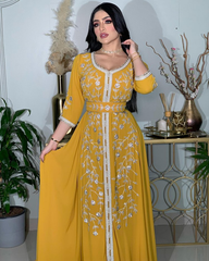 Elegant silver embroidered silk dress with wide sleeves
