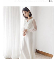 حار بيع جديد فستان الزفاف الفرنسي الخفيف سوبر بسيط الأبيض الساتان العروس الخروج الشاش الخامس الرقبة طويلة الأكمام فستان الحفلات اليومية النساء