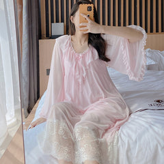 Young Lady Sweet Mesh Long Nightdress Pink Lace Bow Trim Nightgown Summer Autumn Sleepwear Dreamy Home Dress Sexy Nightwear