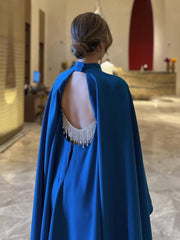 Dark Blue Elegant Satin Backless Fringed Diamond Dress