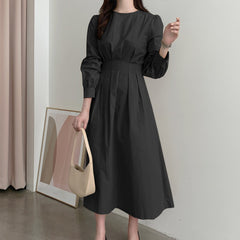 VONDA ladies Japanese and Korean casual solid color dresses, elegant and simple casual round neck pleated waist long-sleeved A-line skirt, large-size skirt, daily spring and autumn large size trend long skirt