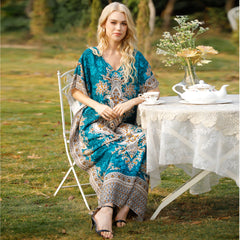 Women dress Summer Boho Maxi Dress Plus size Straight dress short sleeve v neck Beach holiday print dress Party Long Dress Loose robe National dress