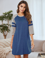 فساتين ملابس نسائية أوروبية وأمريكية شعبية لفصلي الربيع والصيف مع خطوط ملونة متباينة ورقبة مستديرة للارتداء المنزلي والبيجامات
