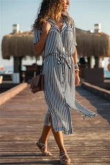 Turn Down Collar Office Ladies Stripe Shirt Dress Long Boho Beach Dress Casual Long Sleeve Elegant Party Dress