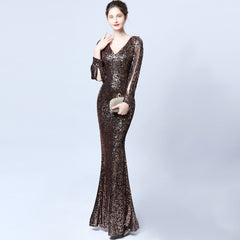 أزياء السيدات مثير الخامس الرقبة الصلبة اللون فستان سهرة مطرزة