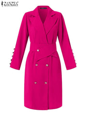 VONDA Women Elegant Mini Solid Dress Spring Autumn Turn Down Color 3/4 Sleeve Beading High Waist Vestidos Elegant With Belt