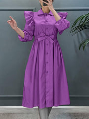 فساتين طويلة أنيقة بلون سادة من ZANZEA للنساء رداء خصر واحد على الموضة مع طية صدر السترة وكشكشة كتف فيستيدوس للعطلات رداء ميدي