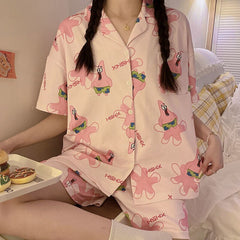 Pajama Sets SummerTurn-down Collar Short Sleeve Women Summer Character Printed Thin Trendy Womens 2pcs Pyjamas nightgown