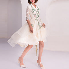 Ladies V-neck Sleeve Embroidered Applique Front Short Back Long Banquet Party Dress L282