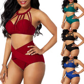 European and American hot-selling women's high-waist solid color cage neck cross bikini split suit with chest pad