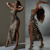 Leopard Zebra Print Women Strap Maxi Dress Side Slit Backless Bodycon Sexy Party Club Outfits Evening Festival Birthday