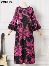 فوندا نساء بوهو خمر نمط عشوائي مطبوعة ماكسي فساتين طويلة سبينغ الخريف الكشكشة عادية فضفاض س الرقبة كم كامل المرقعة فيستدوس حجم كبير