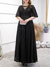 Women's V Neck Sequin Oversized Long Sleeve Party Evening Dress