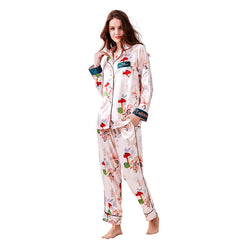 Spring and Autumn Silk Long Sleeve Pajamas Women Korean Casual Simulated Silk Pajamas Two-piece Set Thin Homewear Set
