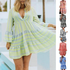 Printed Summer Flare Long Sleeve Dress Women Elegant Ruffle V Neck Stripe Boho Beach Mini Dress Women Loose A-Line Dress