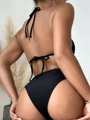 Black Sexy Lace Up Spot Split Swimsuit