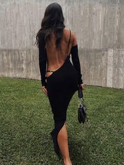 Long Sleeve Large Backless Strap Long Sexy Dress