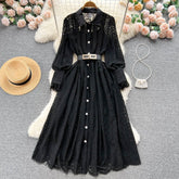 French Simple Fashion Lapel Crochet Hollow Lace Dress