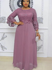 Fashion trumpet sleeve ruffle long section splicing women's large size new lace chiffon dress