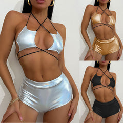 European and American foreign trade new bikini split swimsuit star sequins silver hanging neck tie bikini