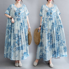 Mori girl pastoral style summer new literary large size women's clothing light and comfortable cotton and linen printed short-sleeved dress female