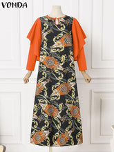 فوندا نساء بوهو خمر نمط عشوائي مطبوعة ماكسي فساتين طويلة سبينغ الخريف الكشكشة عادية فضفاض س الرقبة طويلة الأكمام المرقعة فيستدوس حجم كبير