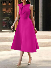 VONDA Elegant Dresses For Women 2022 Solid Bow Neck Sleeveless Waist-in A-Line Vestido Bohemian Party Casual Summer Plus Size Long Dress