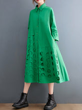 Autumn new fashion literary temperament dress loose Polo collar hole design shirt dress women