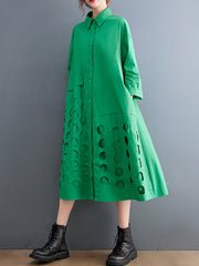 Autumn new fashion literary temperament dress loose Polo collar hole design shirt dress women
