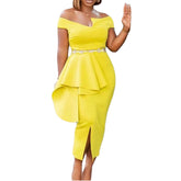 Solid color split OL off-the-shoulder European and American dress dress skirt