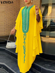 VONDA Elegant Dresses For Women 2022 Stripe Random Printed V Neck Long Flared Sleeve A Line Vestidos Bohemian Party Casual Plus Size Long Dresses