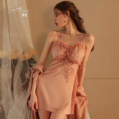 Women Sexy Nightdress Satin Lace Slit Out Slip Nightgown Femme Nightwear Robe Sexy Sleepwear Girl