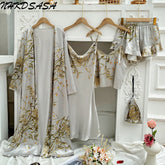 Elegant Print Flower 4PCS Pajamas Set Women Casual Kimono Bathrobe Gown Sexy Silky Rayon Sleepwear Nightgown Home Clothes