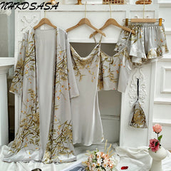 Elegant Print Flower 4PCS Pajamas Set Women Casual Kimono Bathrobe Gown Sexy Silky Rayon Sleepwear Nightgown Home Clothes