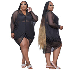 European and American plus size women's clothing V-neck button sexy mesh skirt see-through outer dress