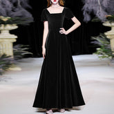 Ladies long velvet short-sleeved big bow fashion party dress banquet evening dress
