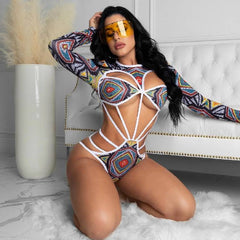 Women Swimsuit Adults Hollow Out Printed Long Sleeve Round Neck Swimwear