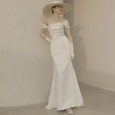 Hot selling new French retro light wedding dress bride 2022 new white simple atmosphere slim small tail go out satin dress