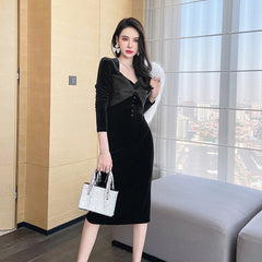 Fashion Women Retro Square Collar Bow Button Midi Dress Temperament Elegant Sexy Street Clothes Bodycon Female Dress With Slit