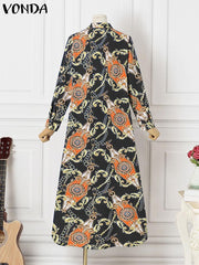 VONDA Women Boho Vintage Random Pattern Printed Maxi Long Dresses Sping Autumn Casual Loose Lapel Long Sleeve Asymmetrical Hem Vestidos Plus Size