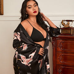 Spring and summer large size sexy silk nightgown printed home service pajamas sexy cardigan tie bathrobe