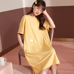 Nightdress women's summer cotton short-sleeved cardigan front button mid-length over-the-knee dress sweet and cute pajamas