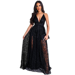 Temperament Black Fashion Sequin Long Sleeve Sleeveless Sling Halter Evening Dress