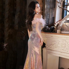 فستان سهرة وردي لامع مزين بالترتر تنورة نسائية موضة مزاجية سيدة الاجتماع السنوي المضيف فستان حفلة حورية البحر