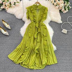Summer luxury light luxury V-neck ruffled pleated dress elegant
