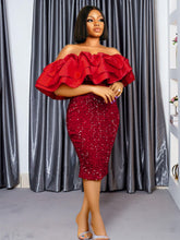 Elegant Women Sequin Red Dress Velvet Off Shoulder Chest Wrap Rufles Glitter Dresses Bodycon Party Celebrity Birthday Gowns 4XL