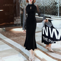 Ladies mid-length long-sleeved slim fishtail party dress velvet see-through sleeve party evening dress